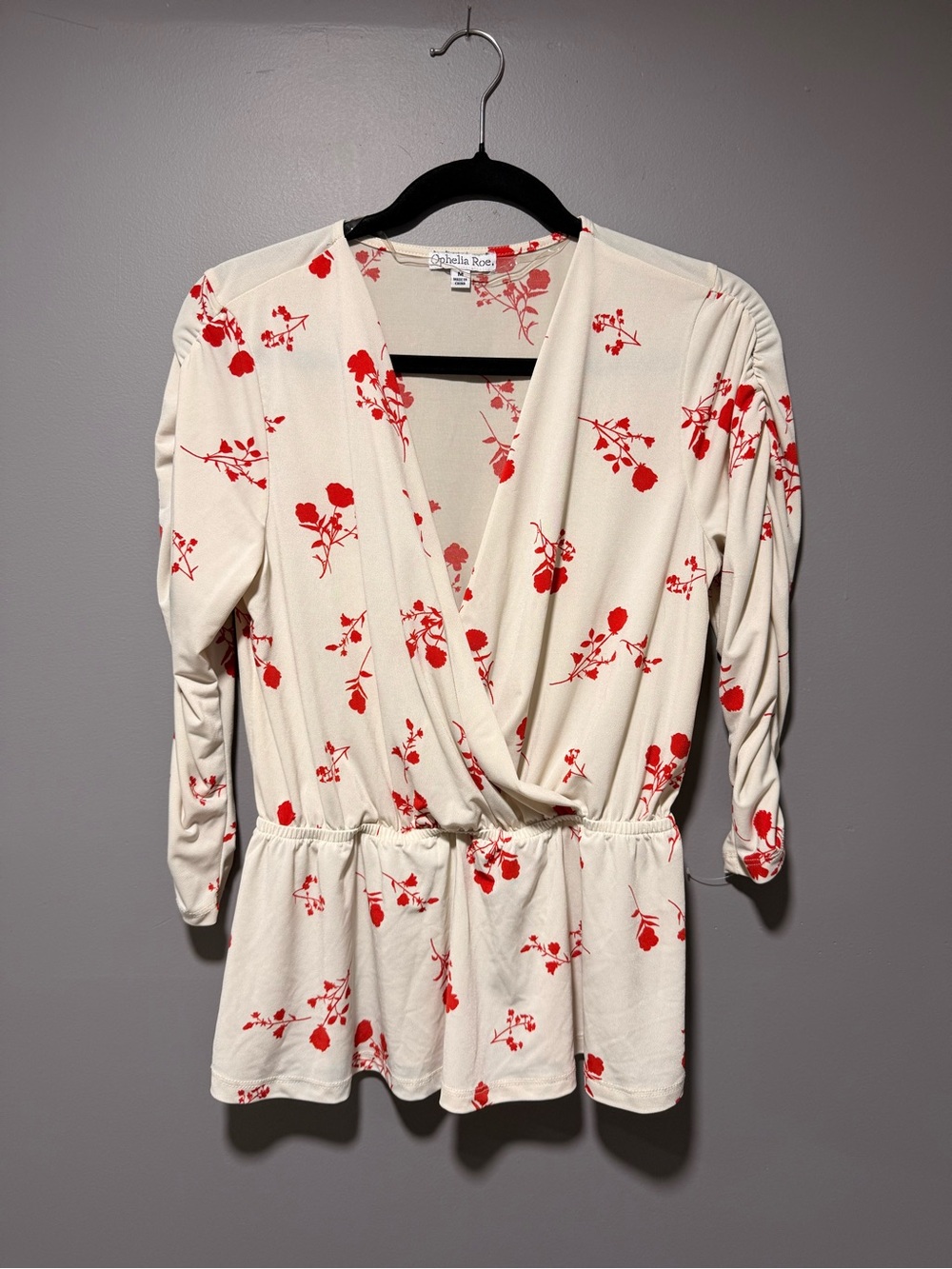 Floral Wrap-Front Cream Tunic Top with Red Print by Amelia Rose